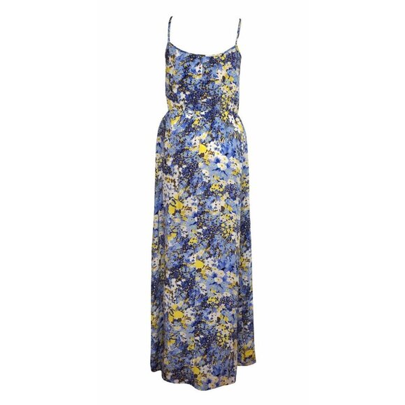 BANANA REPUBLIC XS 100% Silk Maxi Dress Blue Yellow Floral Print Blouson Strap M - Picture 11 of 11